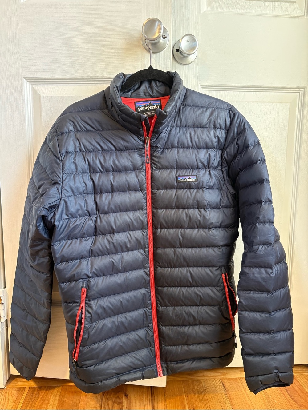 Patagonia Men's Dark Blue Puffer Jacket with Red Trim